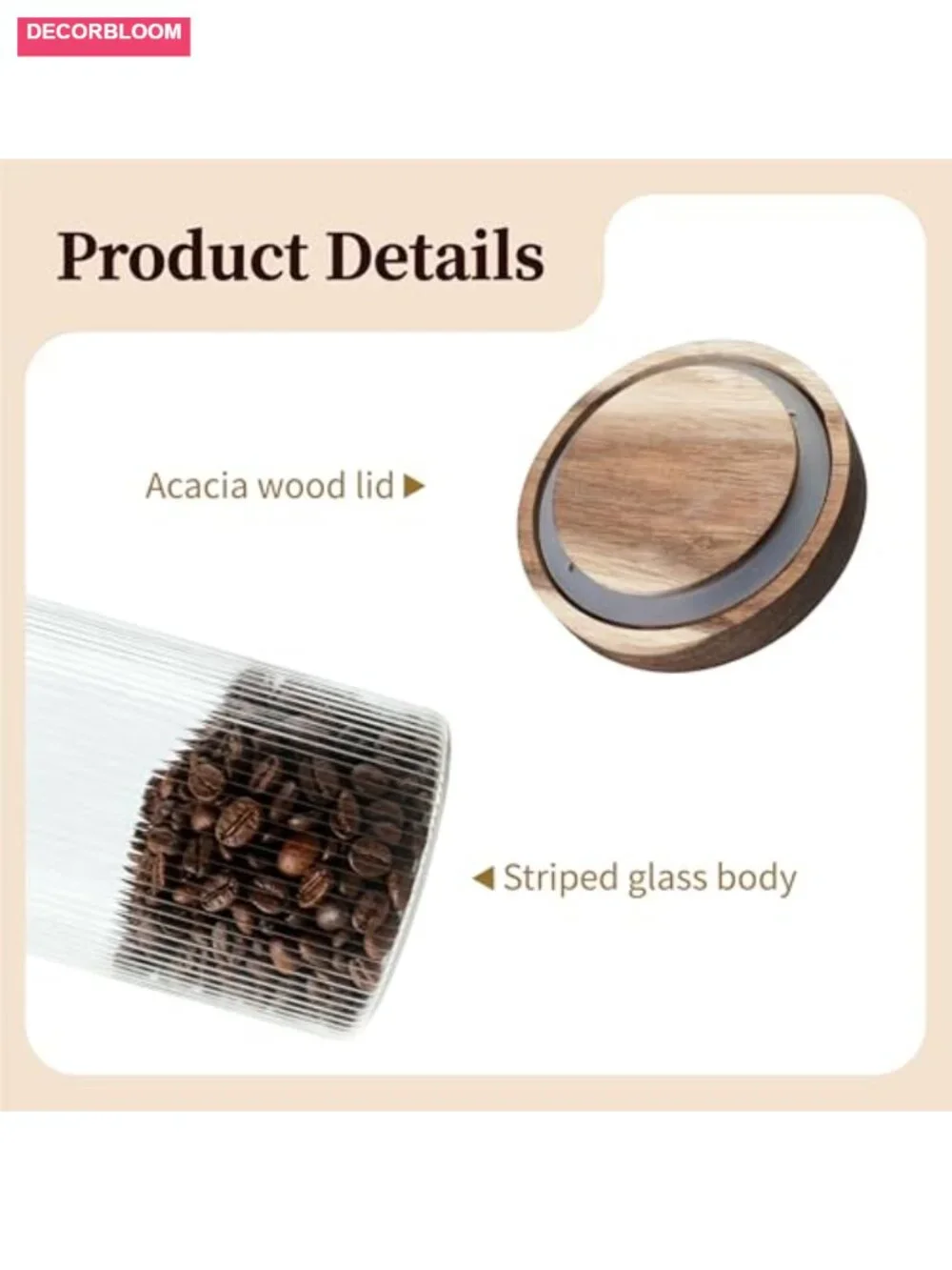 Striped Glass Food Storage Jar with Acacia Wood Lid and Spoon 30oz